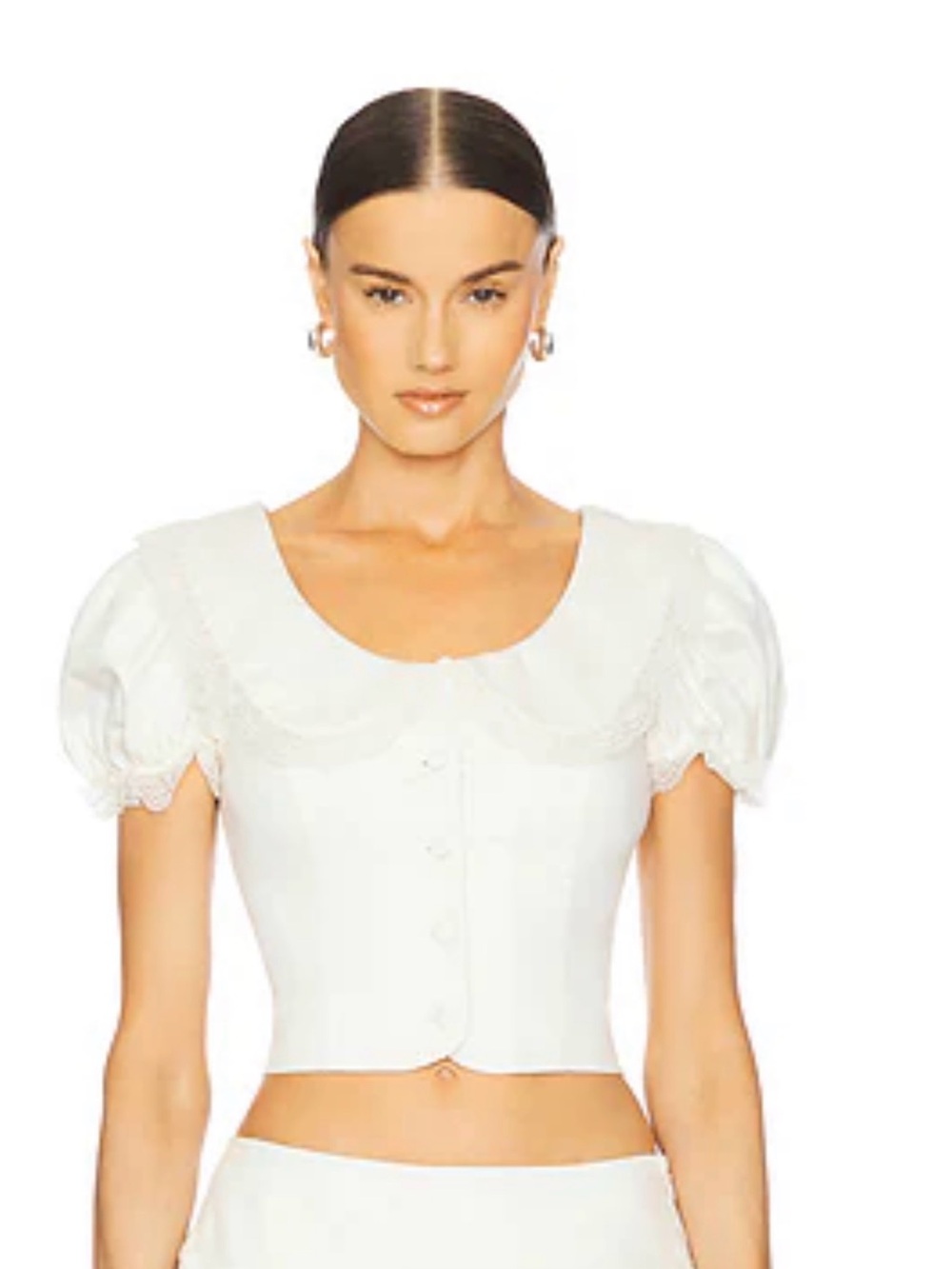 Cropped White Puff-Sleeve Button Front Blouse